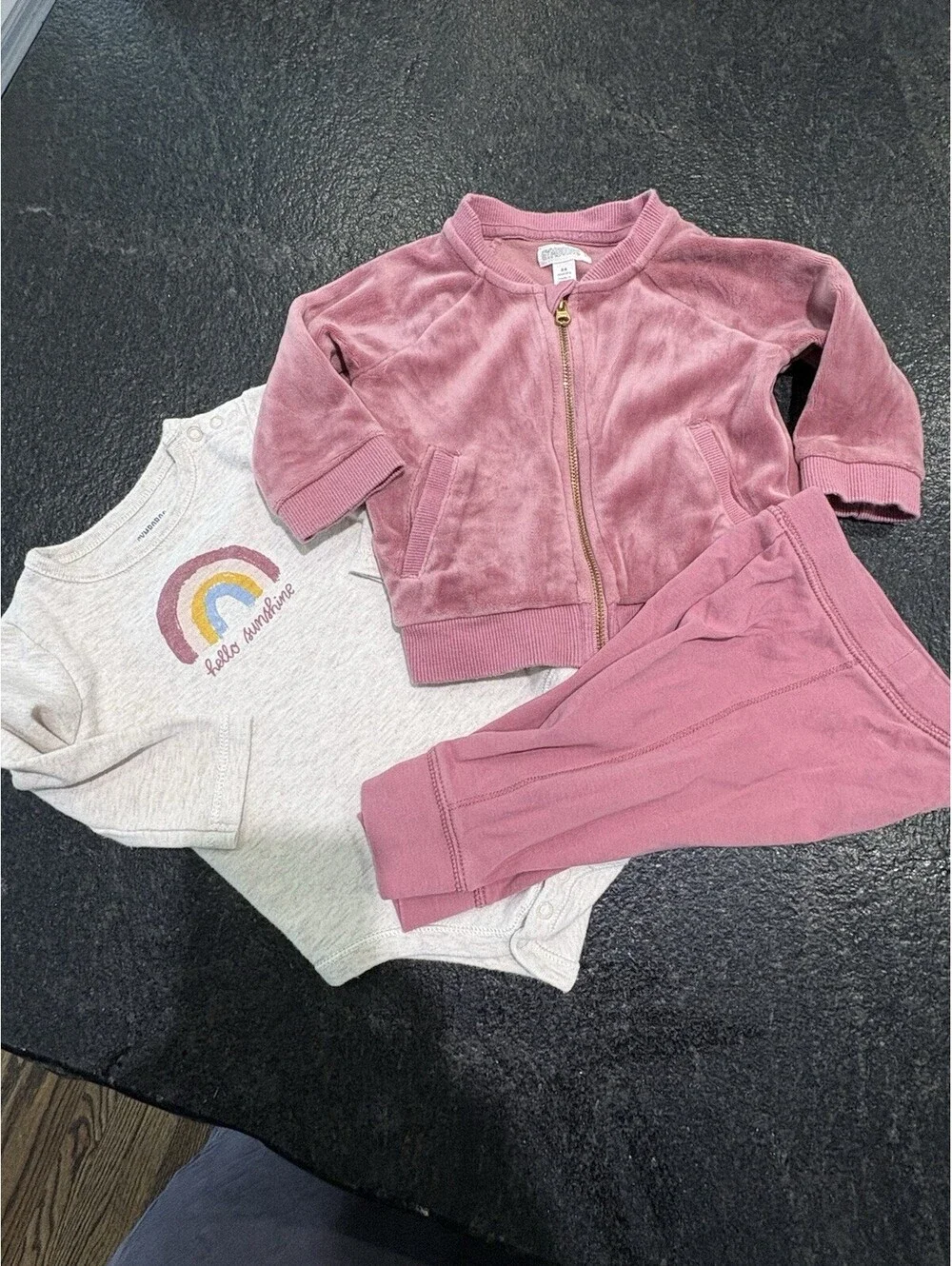 Gymboree Girls 3pc Pink Velour Zip Jacket Pants Rainbow Bodysuit 3-6M
